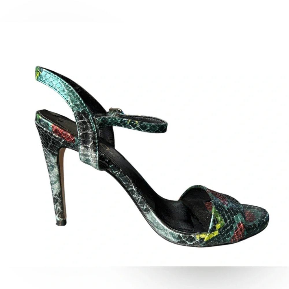 XOXO Colette Metallic Snakeskin Print Strappy Heeled Sandals- Size 7.5